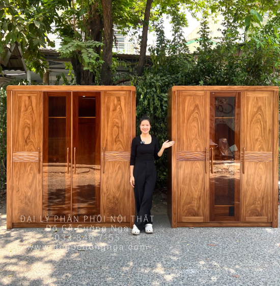 Tủ Quần Áo Gỗ Hương Xám 4 Cánh Kính Hiện Đại Chất Lượng 