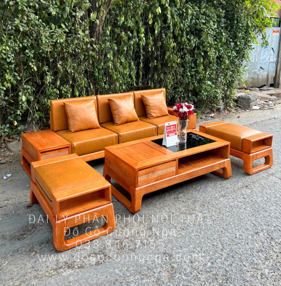 Sofa Gỗ Sồi Nga Một Văng Choãi Hiện Đại Kèm Nệm 4 Chi Tiết 