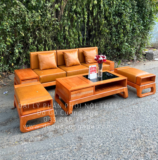Sofa Gỗ Sồi Nga Một Văng Choãi Hiện Đại Kèm Nệm 4 Chi Tiết 