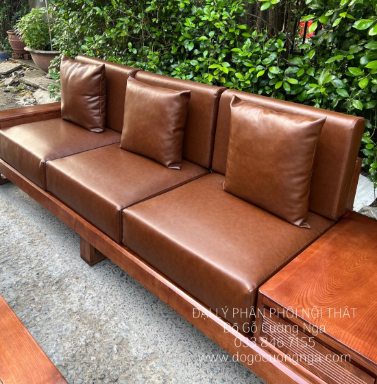 Bộ Sofa Văng Gỗ Sồi Nga Lau Màu Óc Chó 2m3 Kèm Nệm 