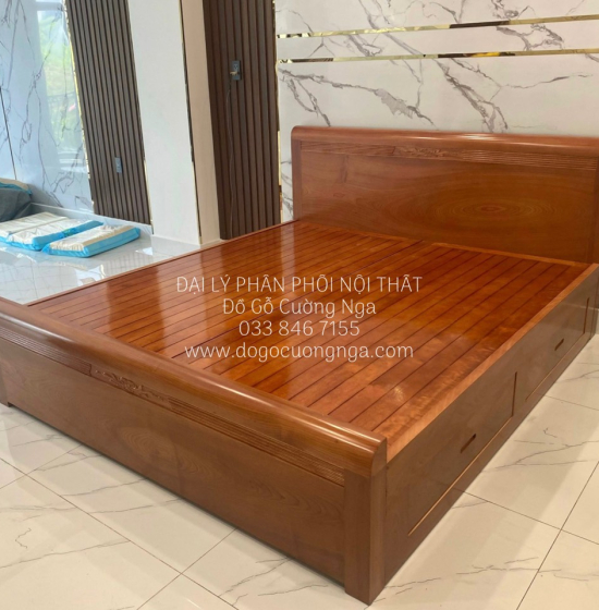 Giường gỗ xoan đào vạt phản - 2 ngăn kéo hiện đại 