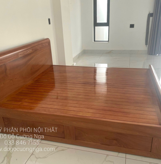 Giường gỗ xoan đào vạt phản - 2 ngăn kéo hiện đại 