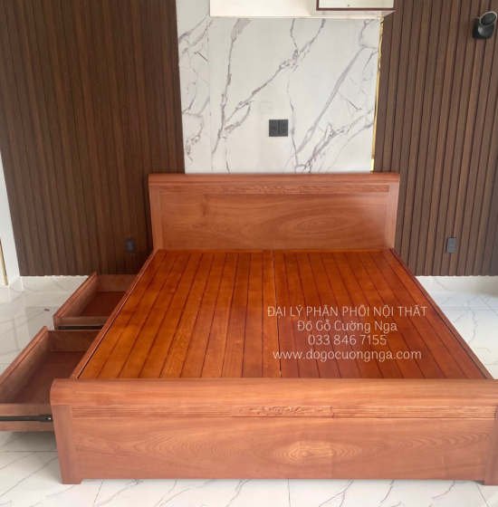 Giường gỗ xoan đào vạt phản - 2 ngăn kéo hiện đại 