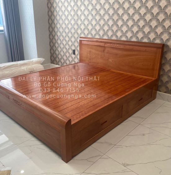 Giường gỗ xoan đào vạt phản - 2 ngăn kéo hiện đại 