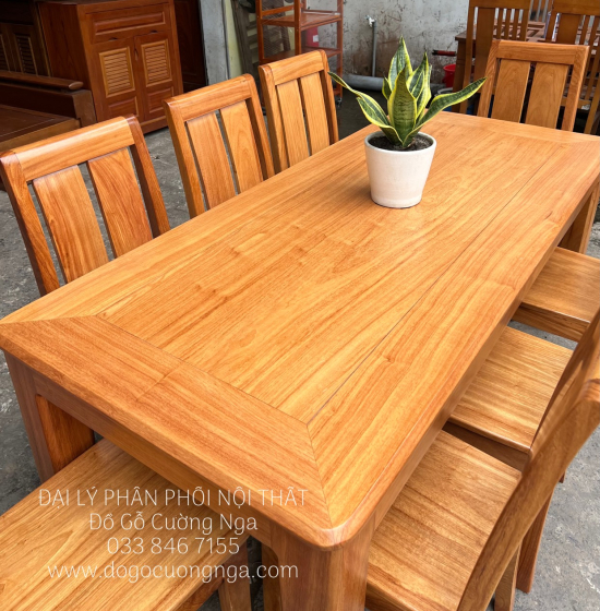 Bộ Bàn Ăn Gỗ Gõ Đỏ Hiện Đại 8 Ghế Mặt Liền 