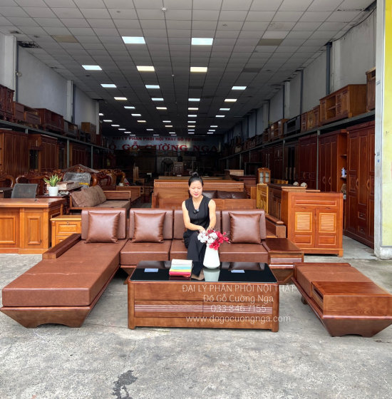 Bàn Ghế Sofa Gỗ Sồi Nga Chân Thuyền Lau Màu Óc Chó 2m8x1m9 