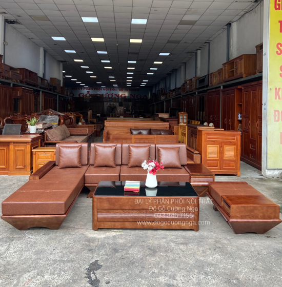 Bàn Ghế Sofa Gỗ Sồi Nga Chân Thuyền Lau Màu Óc Chó 2m8x1m9 
