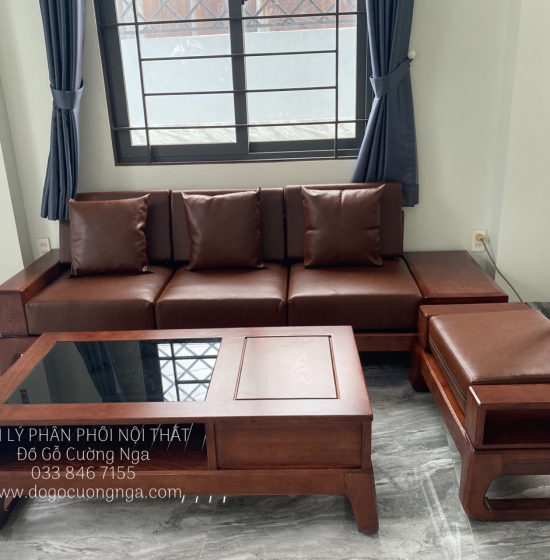 Bộ Sofa Văng Gỗ Sồi Nga Lau Màu Óc Chó 2m3 Kèm Nệm 