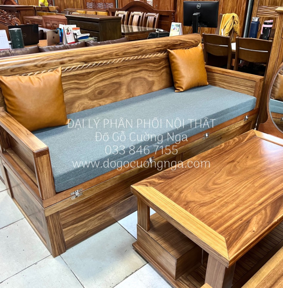 Giường Gấp Gọn Gỗ Hương Xám Kết Hợp Bàn Đôn Tiện Ích 