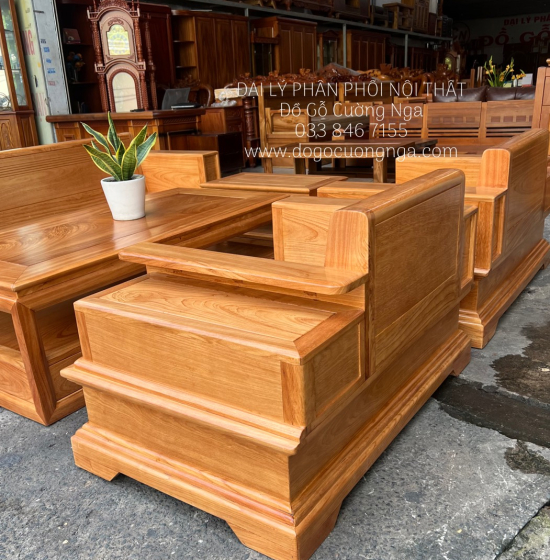 Bộ Bàn Ghế Sofa Gỗ Gõ Đỏ Đối Xứng Chân Pháo 5 Món 