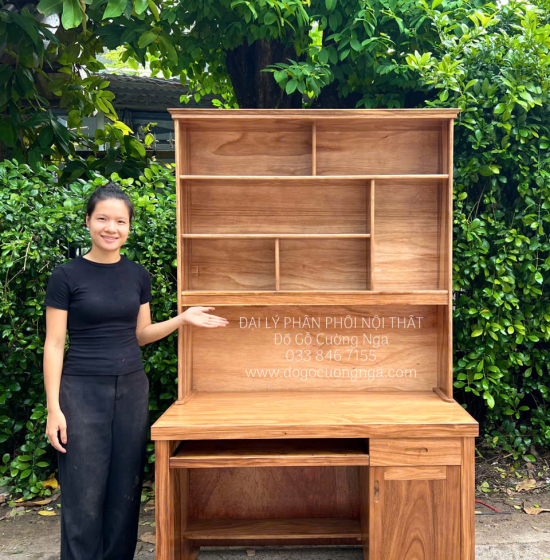 Bàn Học Sinh Gỗ Hương Xám Kết Hợp Giá Sách