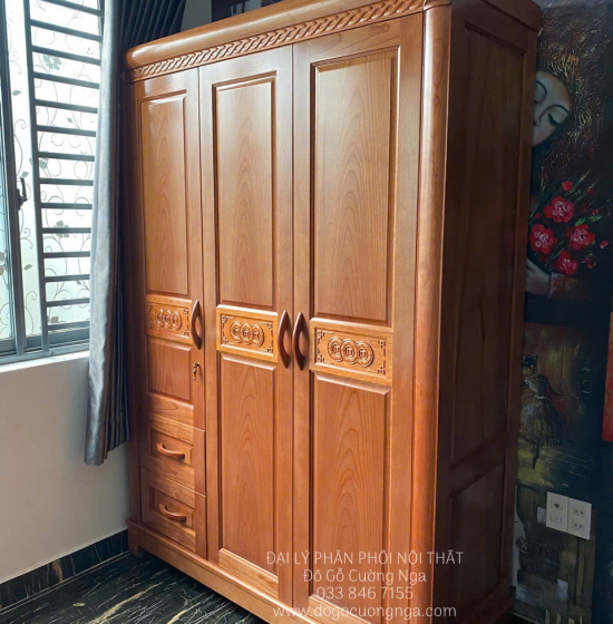 Tủ quần áo gỗ xoan đào 3 cánh cao cấp - mẫu đồng tiền 