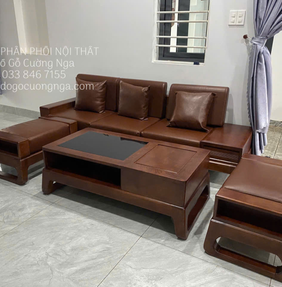 Bàn Ghế Sofa Văng Gỗ Sồi Nga Màu Óc Chó Hiện Đại - 2m4 Kèm Nệm 