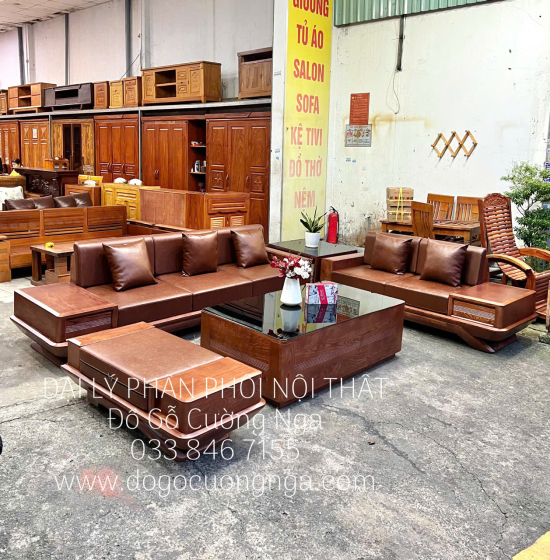 Bàn Ghế Sofa 2 Văng Gỗ Sồi Nga Cao Cấp Chân Thuyền 