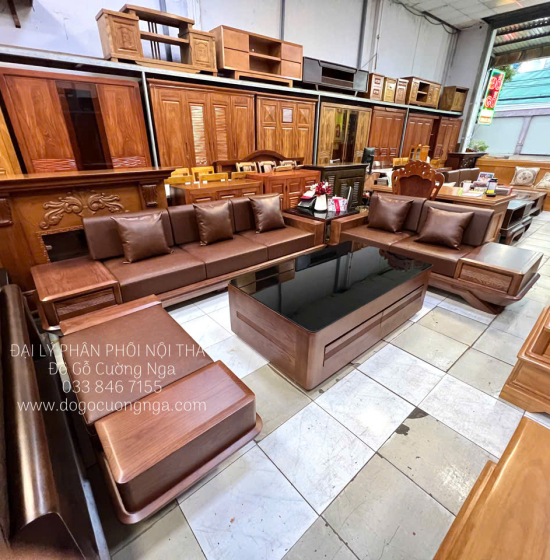 Bàn Ghế Sofa 2 Văng Gỗ Sồi Nga Cao Cấp Chân Thuyền 