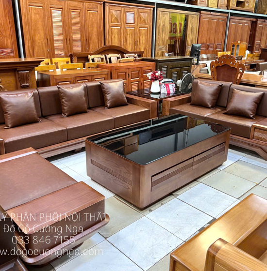 Bàn Ghế Sofa 2 Văng Gỗ Sồi Nga Cao Cấp Chân Thuyền 