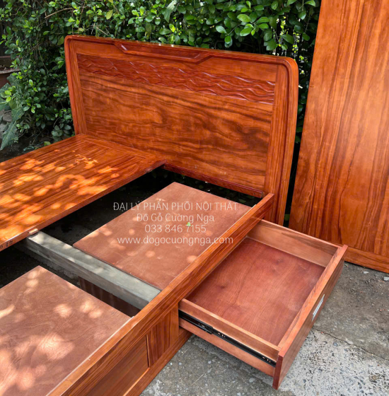 Giường Gỗ Cẩm Hộp Ngăn Kéo Phản Liền Mẫu Sóng Cao Cấp 