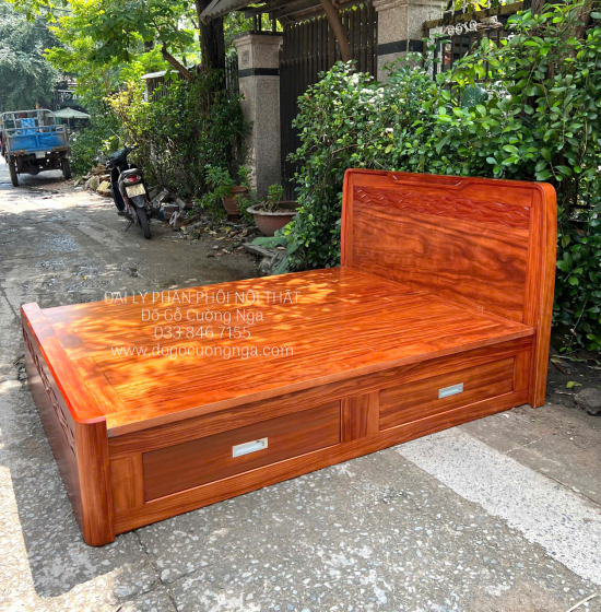 Giường Gỗ Cẩm Hộp Ngăn Kéo Phản Liền Mẫu Sóng Cao Cấp 