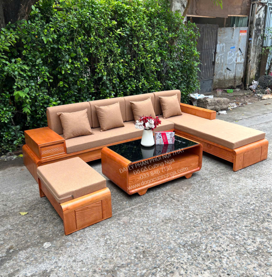 Ghế Sofa Gỗ Sồi Nga Góc L 2m8x1m8 Chân Cuốn Màu Gõ Đỏ 