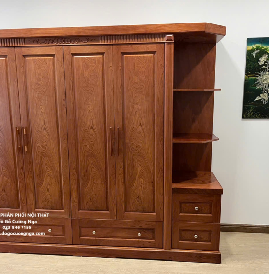 Tủ quần áo gỗ hương đá 4 cánh kèm góc trang trí