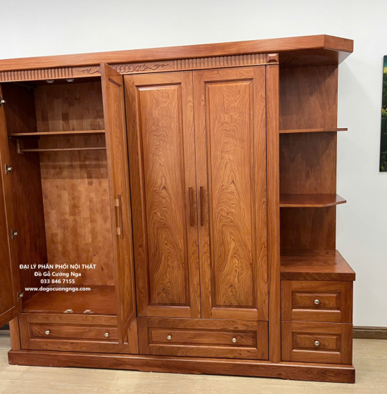 Tủ quần áo gỗ hương đá 4 cánh kèm góc trang trí