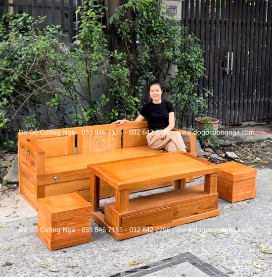 Giường Gấp Thông Minh Gỗ Gõ Đỏ Kết Hợp Bàn Và Đôn Ngồi 