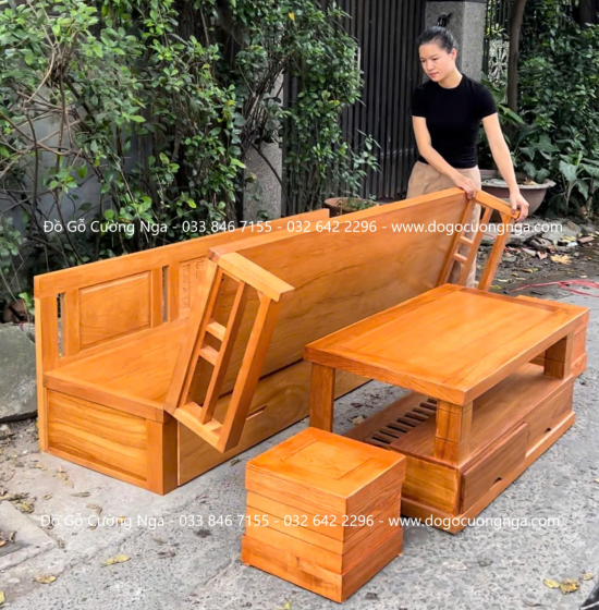 Giường Gấp Thông Minh Gỗ Gõ Đỏ Kết Hợp Bàn Và Đôn Ngồi 