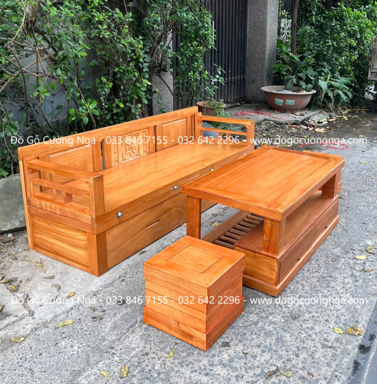 Giường Gấp Thông Minh Gỗ Gõ Đỏ Kết Hợp Bàn Và Đôn Ngồi 