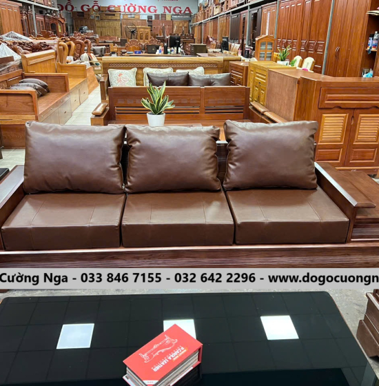 Bộ Bàn Ghế Sofa Gỗ Sồi Nga 2 Văng Chân Pháo kết Hợp Nệm