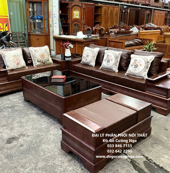 Bộ Bàn Ghế Sofa Gỗ Sồi Nga 2 Văng Chân Pháo kết Hợp Nệm