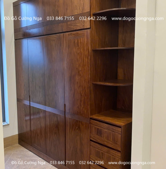 Tủ Quần Áo Gỗ Hương Xám 4 Cánh 2 Tầng Thiết Kế Hiện Đại 