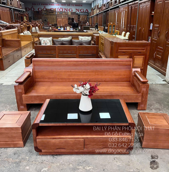 Ghế Sofa Văng Gỗ Hương Kết Hợp Bàn Boom Hiện Đại 