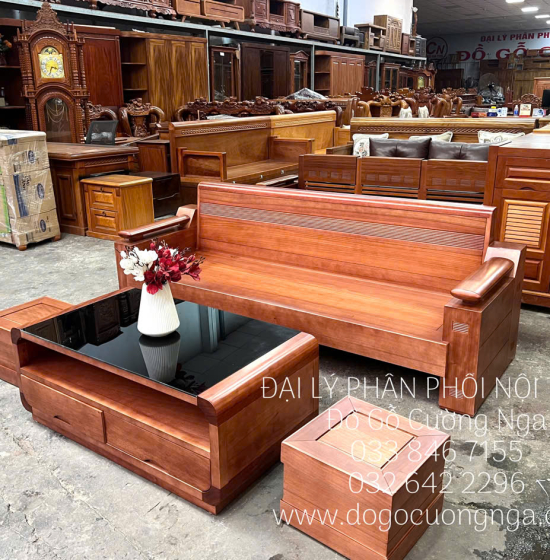 Ghế Sofa Văng Gỗ Hương Kết Hợp Bàn Boom Hiện Đại 