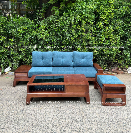Bộ Bàn Ghế Sofa Văng Gỗ Sồi 3 Chi Tiết Nệm Vải Bố Hiện Đại 