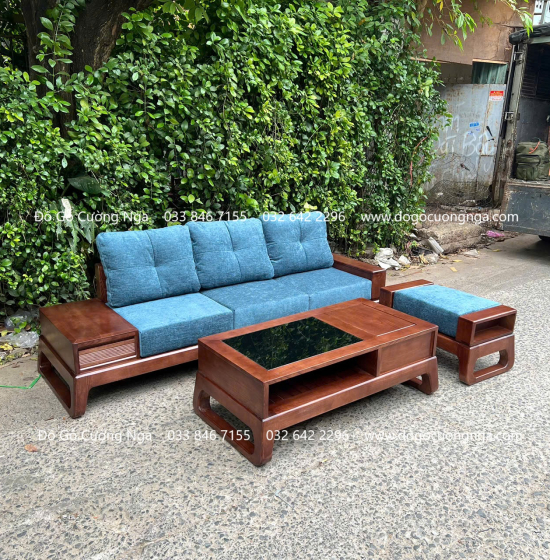 Bộ Bàn Ghế Sofa Văng Gỗ Sồi 3 Chi Tiết Nệm Vải Bố Hiện Đại 