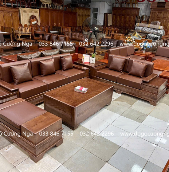 Bộ Bàn Ghế Sofa Gỗ Sồi Nga 2 Văng Chân Pháo kết Hợp Nệm