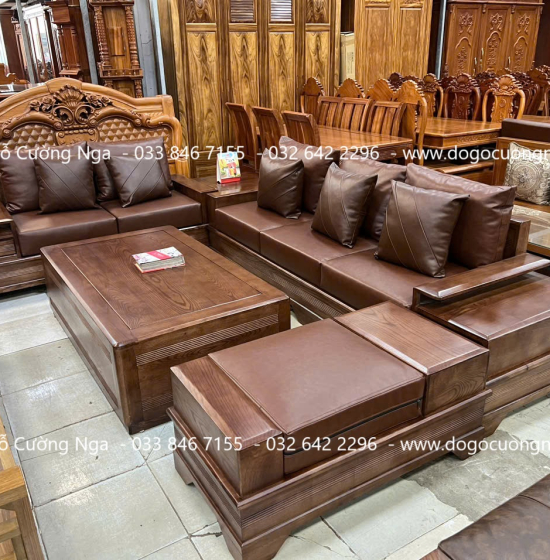 Bộ Bàn Ghế Sofa Gỗ Sồi Nga 2 Văng Chân Pháo kết Hợp Nệm