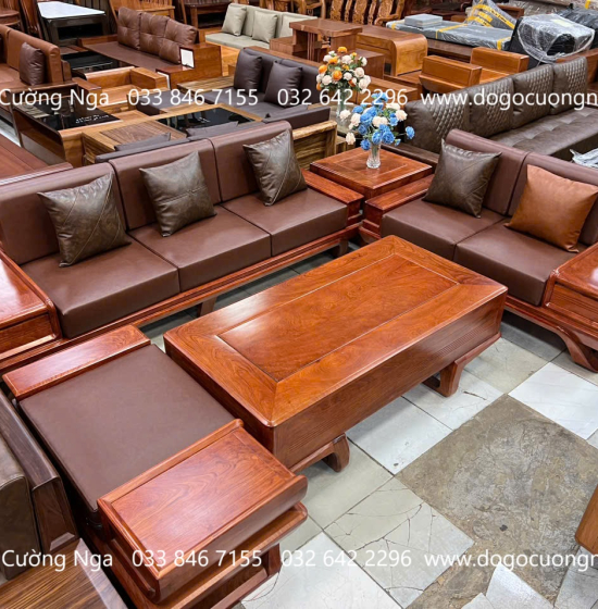Bàn Ghế Sofa Gỗ Hương Đá 2 Văng Cánh Tiên Cao Cấp Kết Hợp Nệm