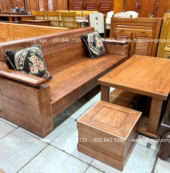 Bàn Ghế  Sofa Một Văng Gỗ Hương 4 Chi Tiết Nhỏ Gọn 