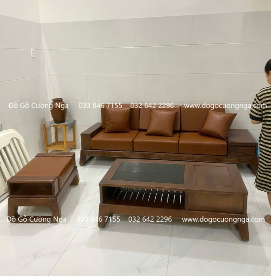 Bàn Ghế Sofa Gỗ Sồi Nga Hiện Đại 3 Chỗ Ngồi Kèm Nệm Sang Trọng 