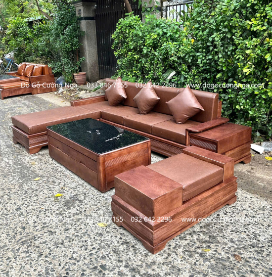 Sofa Gỗ Sồi Nga Lau Màu Óc Chó Góc L Chân Pháo 2m8x1m8 Đẹp Mắt 