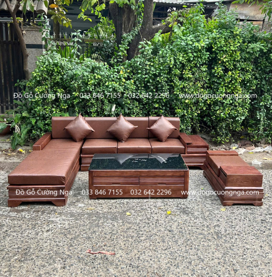 Sofa Gỗ Sồi Nga Lau Màu Óc Chó Góc L Chân Pháo 2m8x1m8 Đẹp Mắt 