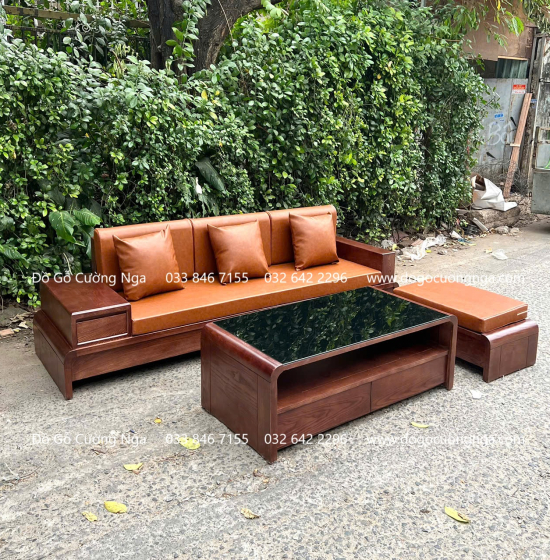 Ghế Sofa Gỗ Sồi Nga Chân Cuốn Màu Óc Chó Kèm Nệm Đẹp Mặt 