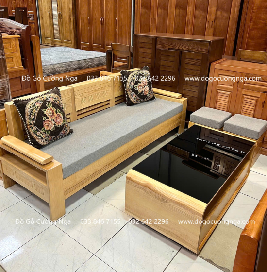 Sofa Gỗ Sồi Nga Văng Kèm Nệm Ngồi Cao Cấp 