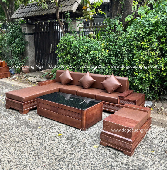 Sofa Gỗ Sồi Nga Lau Màu Óc Chó Góc L Chân Pháo 2m8x1m8 Đẹp Mắt 