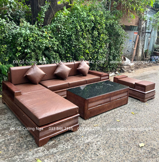 Sofa Gỗ Sồi Nga Lau Màu Óc Chó Góc L Chân Pháo 2m8x1m8 Đẹp Mắt 