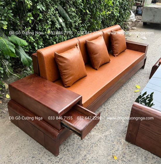 Ghế Sofa Gỗ Sồi Nga Chân Cuốn Màu Óc Chó Kèm Nệm Đẹp Mặt 