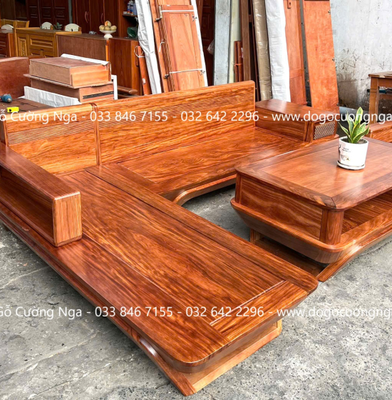 Sofa gỗ hương xám chân thuyền góc L hiện đại 2m85 x 1m95 