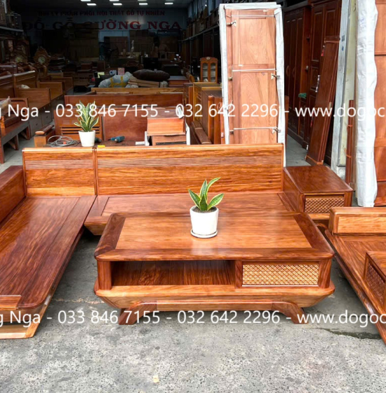 Sofa gỗ hương xám chân thuyền góc L hiện đại 2m85 x 1m95 