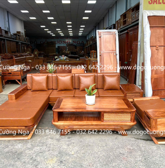 Sofa gỗ hương xám chân thuyền góc L hiện đại 2m85 x 1m95 